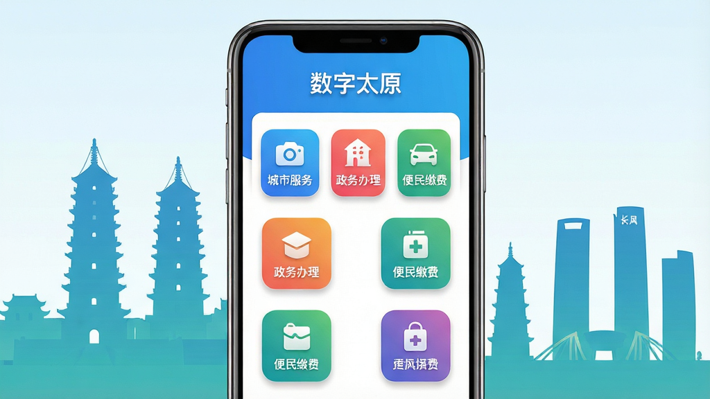主体:智能手机屏幕展示“数字太原”APP主界面,界面包含城市服务、政务办理、便民缴费等彩色功能图标。布局:手机居中,屏幕内容清晰可见,背景为简洁的太原市地标建筑剪影(如双塔寺、长风商务区)。排版:界面图标排列整齐,上方显示“数字太原”文字标识。风格:现代扁平化设计,色彩明亮清新,以蓝色和绿色为主色调。细节:屏幕内图标有微弱阴影,整体画面干净通透。画质:4K超清,干净,无多余元素。