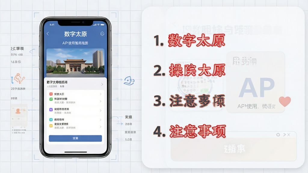 主体:“数字太原”APP使用指南插图,展示手机操作步骤和注意事项。布局:左侧为手机截图示意,右侧配文字说明。排版:步骤序号清晰,重点提示用红色文字标注。风格:简洁教学风格,配色温和。细节:手机屏幕内有“数字太原”界面,背景有浅灰色网格。画质:高清,干净,无多余元素。