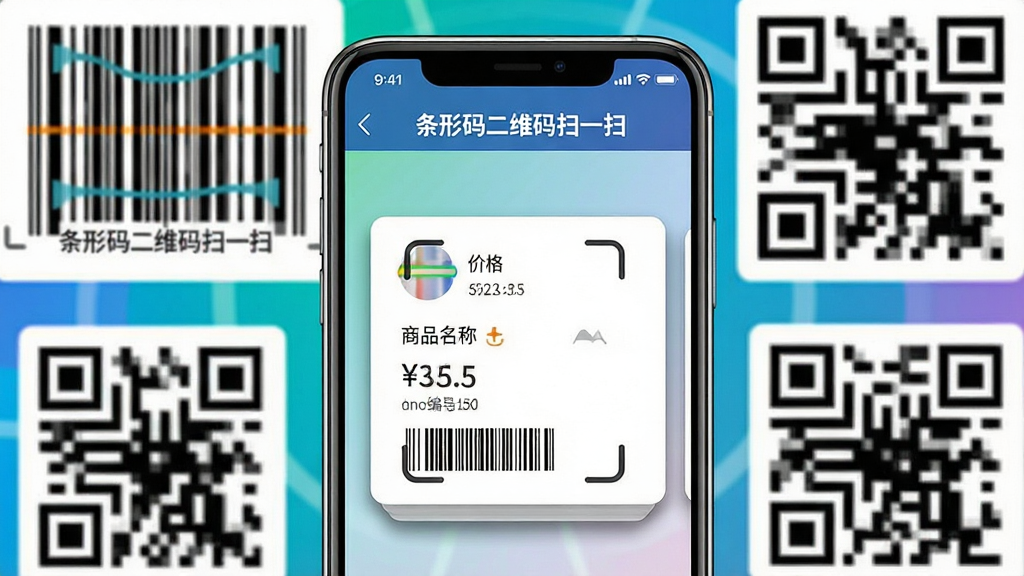 主体:手机屏幕特写,展示“条形码二维码扫一扫”的扫描识别结果页面,页面中显示商品名称、价格、条码编号;布局:手机位于画面中央,屏幕内容清晰可见,周围环绕着几个放大的条码和二维码图形;排版:扫描结果以卡片形式展示,信息条理清晰;风格:写实与科技结合,色彩鲜明;细节:屏幕顶部有“条形码二维码扫一扫”字样,结果卡片有阴影效果;画质:高清,干净,无多余元素