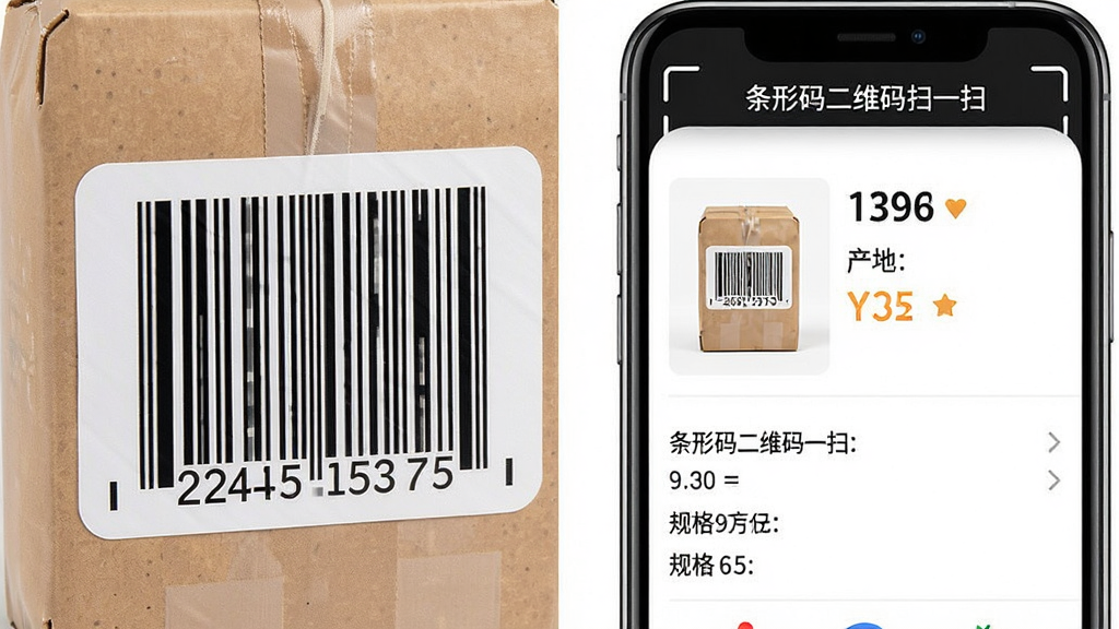 主体:一张产品条形码特写,旁边有手机屏幕显示该商品的详细信息,包括价格、产地、规格;布局:左侧为实物商品,右侧为手机屏幕,两者并排;排版:商品与屏幕内容相互呼应,信息清晰可读;风格:商务简洁风;细节:手机屏幕顶部有“条形码二维码扫一扫”字样,商品图片和文字清晰;画质:高清,干净无多余元素