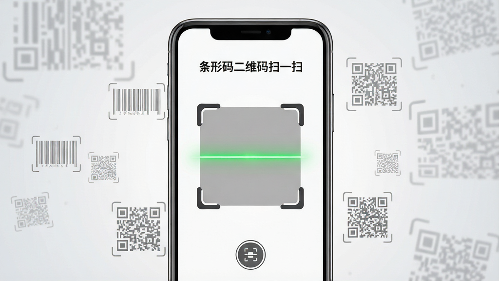主体:一部智能手机屏幕正中央显示“条形码二维码扫一扫”的界面,界面中有扫描框和识别按钮;布局:手机居中,背景为简洁的浅灰色渐变,手机周围有淡淡的条形码和二维码图案漂浮;排版:画面聚焦手机屏幕,扫描框内有一条绿色激光线;风格:现代科技感,干净明亮;细节:手机屏幕上显示“条形码二维码扫一扫”字样,扫描框角标清晰;画质:高清渲染,干净无多余元素