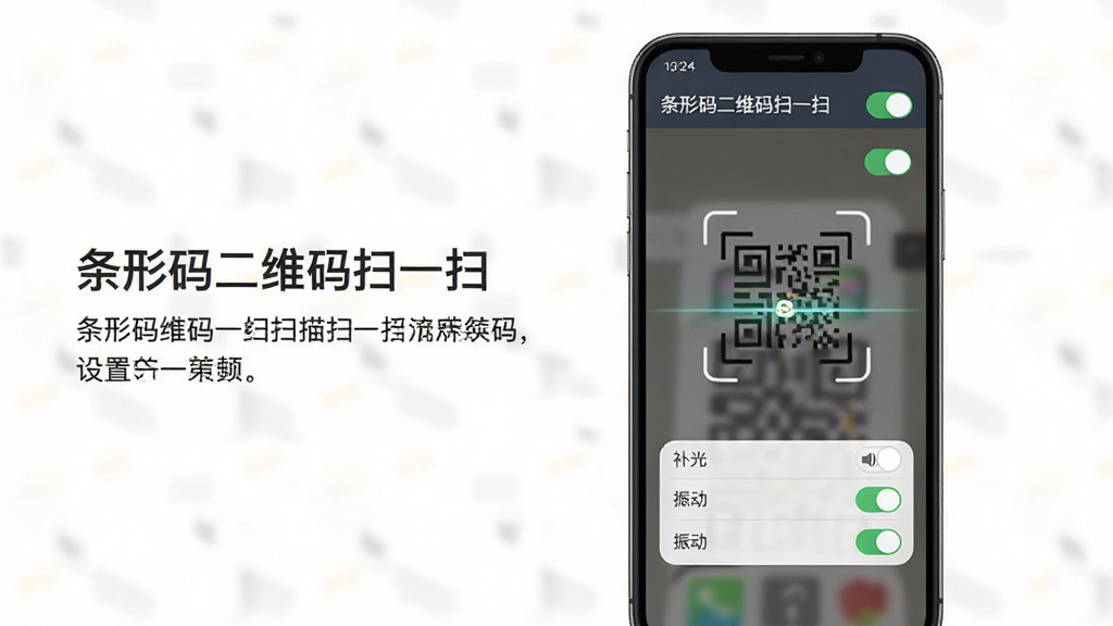 主体:手机横屏显示“条形码二维码扫一扫”的扫描设置界面,有“补光”、“振动”等选项;布局:手机位于画面中央偏右,左侧有文字说明;排版:界面简洁,选项清晰;风格:扁平化设计;细节:屏幕顶部有“条形码二维码扫一扫”字样,开关按钮为绿色;画质:高清,干净无多余元素