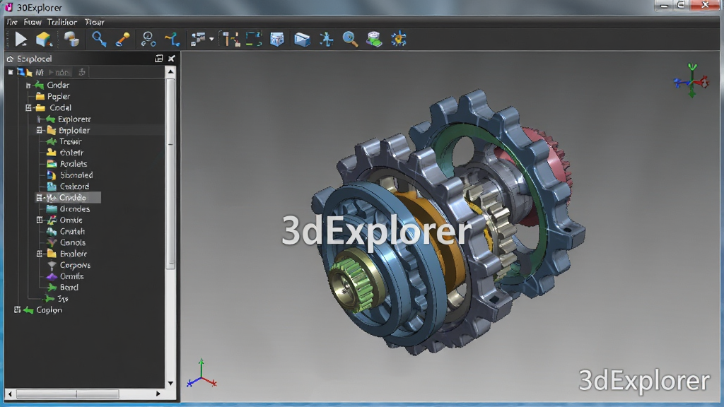 一张高清的3dExplorer软件界面截图,显示一个复杂的3D机械模型在视图窗口中旋转展示,左侧有模型树列表,顶部有工具栏按钮,界面风格简洁现代,色彩明快,背景为深灰色,光线自然,细节清晰,画质干净,无多余元素,图片带有“3dExplorer”字样水印