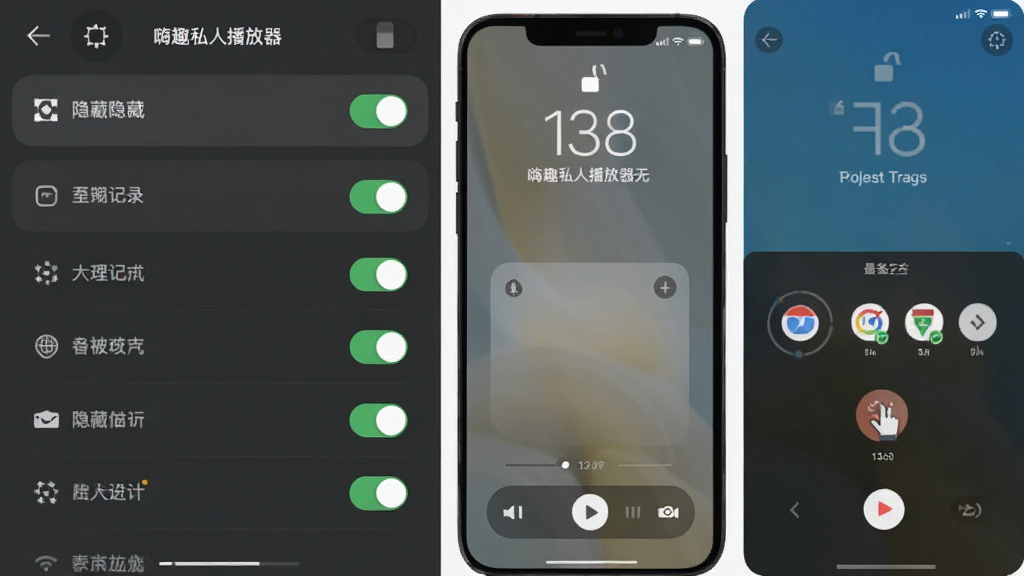 嗨趣私人播放器无痕模式功能界面预览图,画面左侧是功能开关列表,右侧是手机锁屏和最近任务栏的对比示意,强调记录被隐藏,布局为左右分栏,风格扁平化设计,细节展示开关状态,画质清晰,干净无多余元素