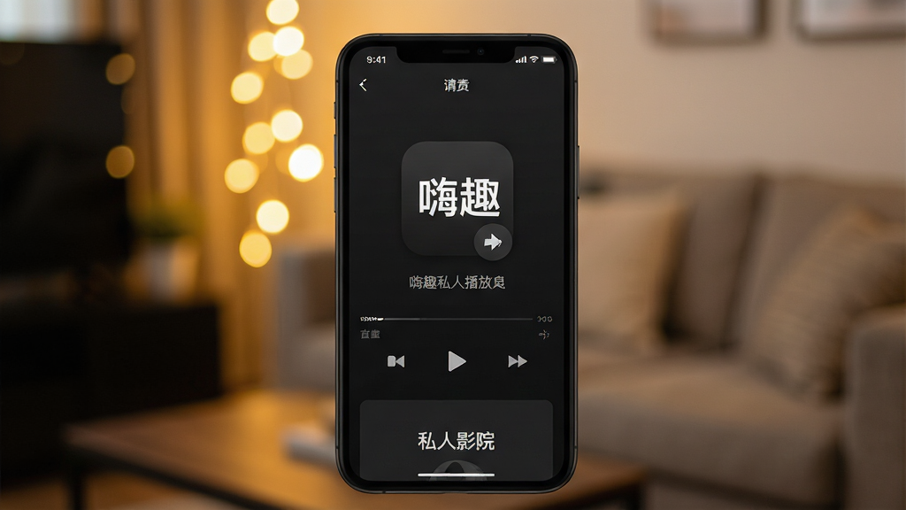 一张智能手机屏幕特写,屏幕上显示嗨趣私人播放器的主界面,界面风格为深色极简风,底部有“私人影院”字样,背景是模糊的暖色灯光和舒适的沙发环境,主体突出,布局居中,排版清晰,风格写实,细节丰富,画质高清,干净无多余元素
