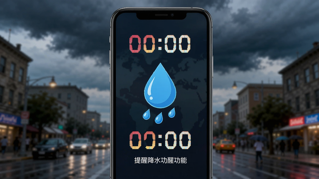 一幅展示AI天气预报气象报降水提醒功能的手机界面图,画面中央是一个雨滴图标,周围有倒计时和提醒文字,背景是模糊的城市街景,天空乌云密布,设计风格时尚醒目,色彩鲜明,布局合理,画质高清,无多余元素。