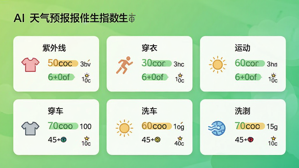 一张展示AI天气预报气象报生活指数功能的界面截图,画面中列出了紫外线、穿衣、运动、洗车等指数卡片,每个卡片都有对应的图标和等级描述,背景是清新的渐变绿色,设计风格简洁明快,布局整齐,画质干净,无多余元素。