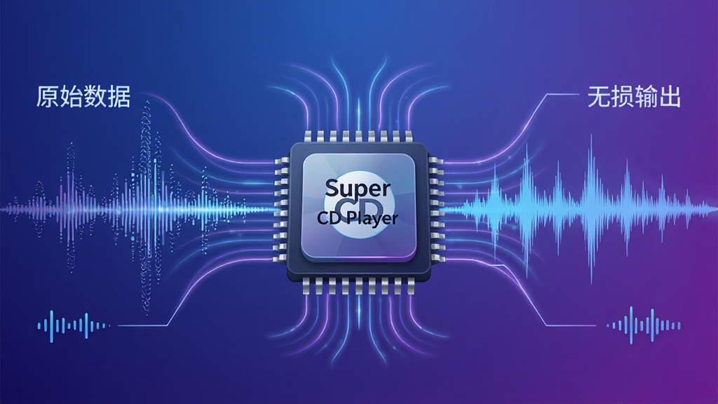主体:Super CD Player音频解码引擎的示意图,中央为软件图标,周围环绕声波图形;布局:声波从左至右流动,经过解码芯片后变为纯净的波形;排版:居中对称,左右两侧标注“原始数据”与“无损输出”;风格:科技感插画风格,蓝紫色渐变背景,带有发光线条;细节:芯片上印有“Super CD Player”字样,声波细节丰富;画质:高分辨率,细节锐利,背景干净