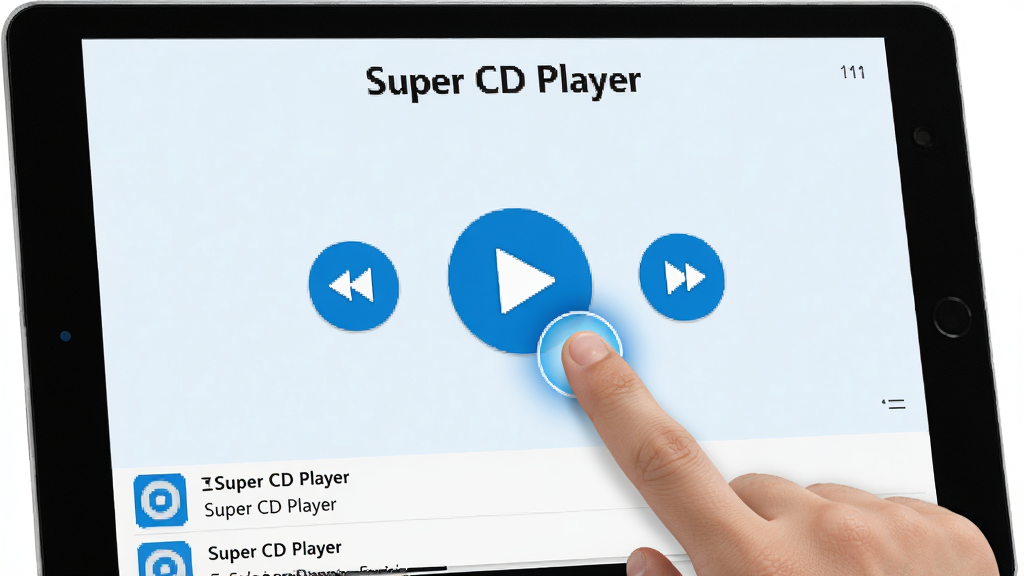 主体:Super CD Player软件在Windows平板上的触控操作界面,显示手指点击播放按钮;布局:屏幕中央为播放控制区,底部为音轨列表;排版:大图标设计,便于触控;风格:明亮简约的移动端界面,浅色背景,蓝色按钮;细节:屏幕上方显示“Super CD Player”字样,手指点击位置有高亮反馈;画质:高清,无多余元素
