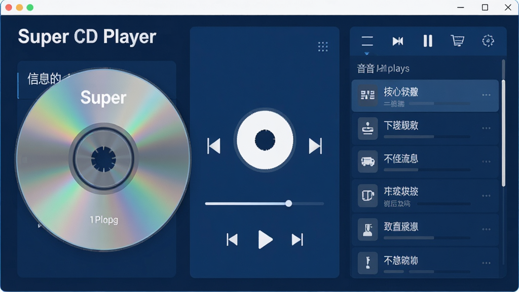 主体:Super CD Player软件主界面,展示CD播放状态与音轨列表;布局:左侧为光盘信息栏,右侧为播放控制区与音轨列表;排版:简洁清晰的卡片式布局,功能按钮排列有序;风格:现代扁平化设计,深蓝色主色调搭配白色文字,科技感十足;细节:界面中显示“Super CD Player”Logo,播放进度条清晰可见,音轨名称以中文显示;画质:高清渲染,色彩纯净,无多余元素