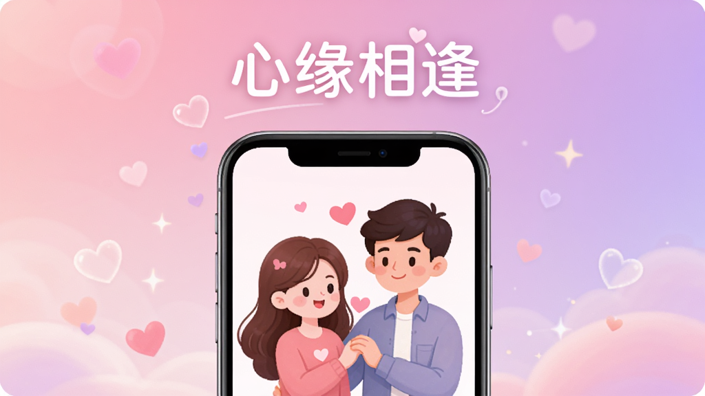 画面中心展示“心缘相逢”APP的启动界面,背景为柔和渐变粉色与紫色,上方有“心缘相逢”字样,下方为手机模型,屏幕内显示配对成功的卡通情侣形象,整体风格温馨浪漫,排版居中,细节丰富,画质高清,干净无多余元素。