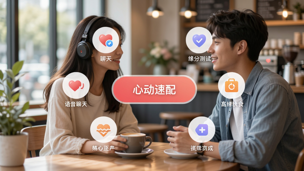 图片展示心缘相逢APP的互动玩法页面,中央为“心动速配”按钮,周围环绕语音聊天、缘分测试等图标,背景为明亮的社交场景,两位年轻人在咖啡厅交谈,风格清新自然,布局错落有致,细节丰富,画质高清,无多余元素。