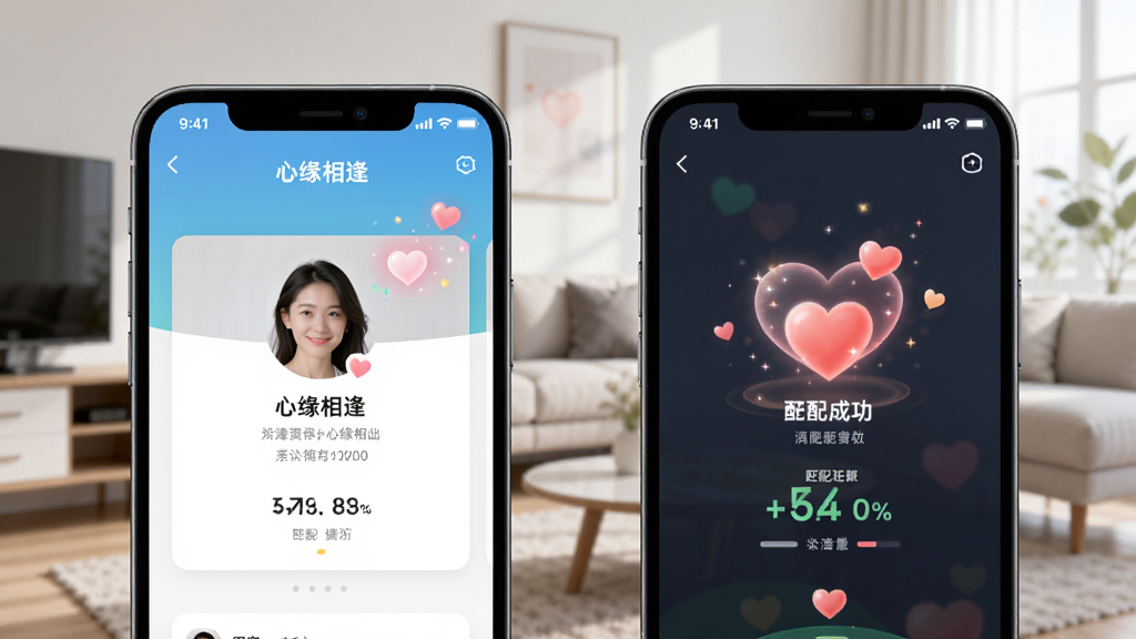 图片主体为两部手机并排展示心缘相逢APP的匹配界面,左侧手机显示用户资料卡片,右侧手机显示匹配成功动画,背景为简约客厅,光线明亮,排版清晰,风格写实,细节包括心形特效与匹配百分比,画质干净,无多余元素。