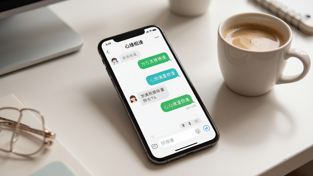图片展示一部手机正在运行心缘相逢APP,屏幕显示聊天界面,背景为整洁的书桌,旁边有一杯咖啡,风格温馨写实,布局自然,细节包括消息气泡与输入框,画质干净,无多余元素。