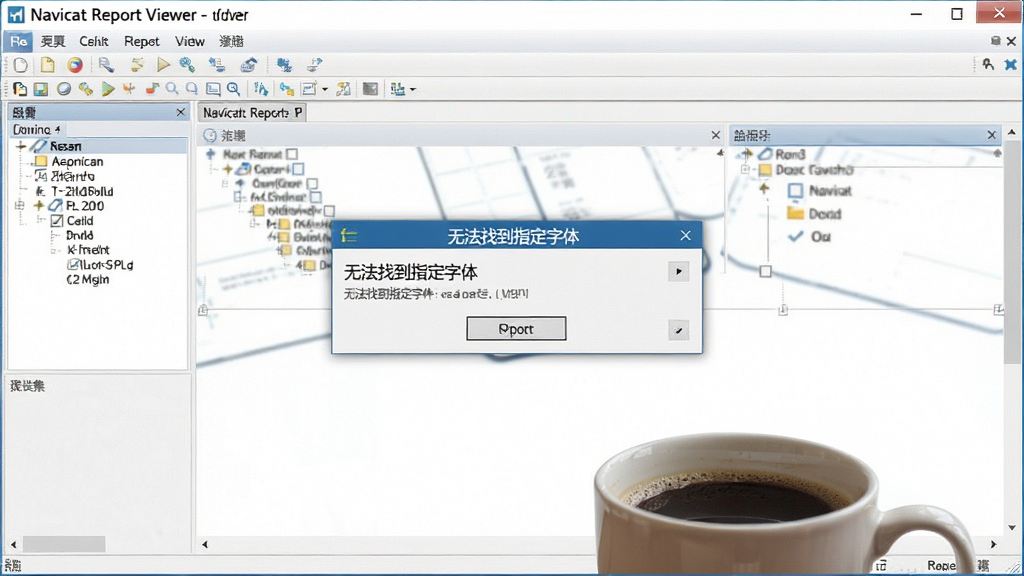 一张电脑屏幕截图,显示Navicat Report Viewer软件正在运行,界面弹出错误提示框,提示