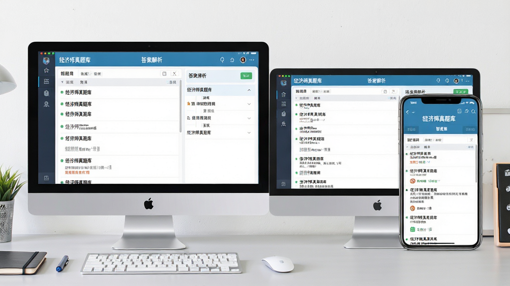 一张明亮清爽的软件功能展示图,主体为电脑与手机双屏并排,屏幕中展示