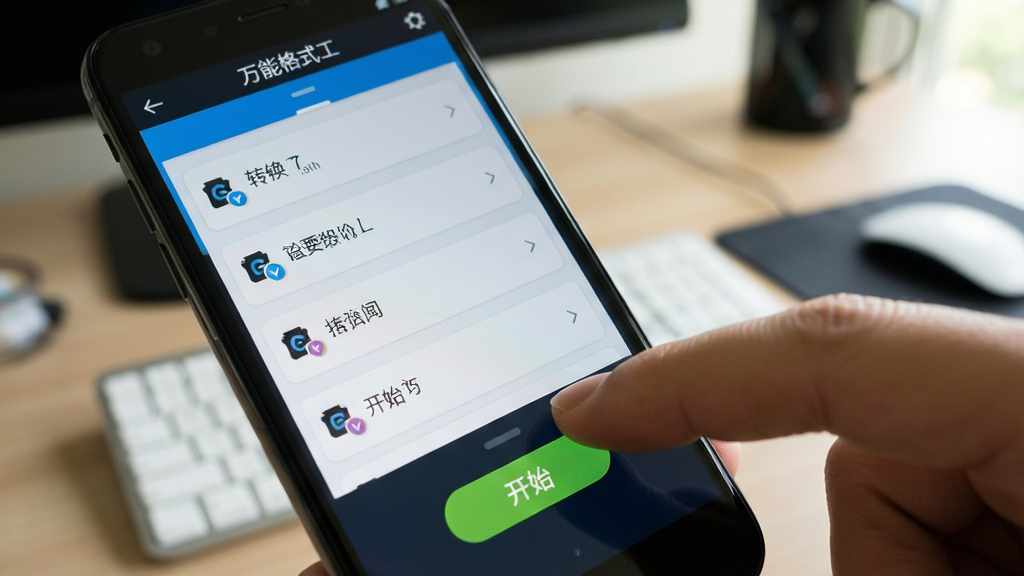 万能格式工厂手机端操作界面,手机屏幕显示转换列表,手指点击开始按钮,背景为桌面环境,光线自然,画面清晰,风格写实