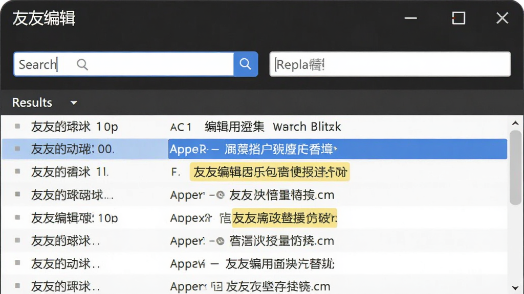 一张友友编辑器查找替换功能的使用截图,画面中软件窗口上方有查找输入框和替换输入框,下方显示搜索结果列表,高亮匹配到的关键词,界面干净,布局合理,画质清晰,无多余元素