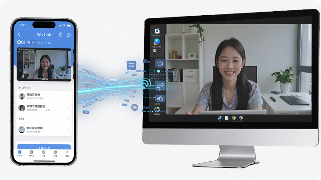 一张动态效果图,展示WizLink在弱网环境下依然流畅传输画面的场景,左侧为手机端WizLink应用界面,右侧为电脑屏幕显示远程桌面,中间有数据流光线连接,画质高清,科技感强,干净无多余元素。