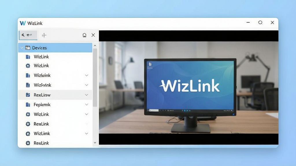 一张展示WizLink软件主界面的高清截图,界面简洁现代,左侧为设备列表,右侧为远程桌面预览窗口,背景为浅蓝色渐变,整体布局清爽,画质清晰,干净无多余元素,突出“WizLink”品牌标识。