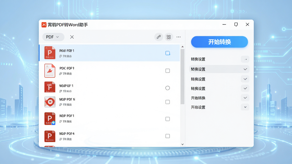 图片中央展示“霄鹞PDF转Word助手”软件主界面,左侧为PDF文件列表,右侧为转换设置面板,上方有醒目的“开始转换”按钮,浅蓝色科技感背景,界面干净整洁,布局清晰,高分辨率,画质细腻,无多余元素