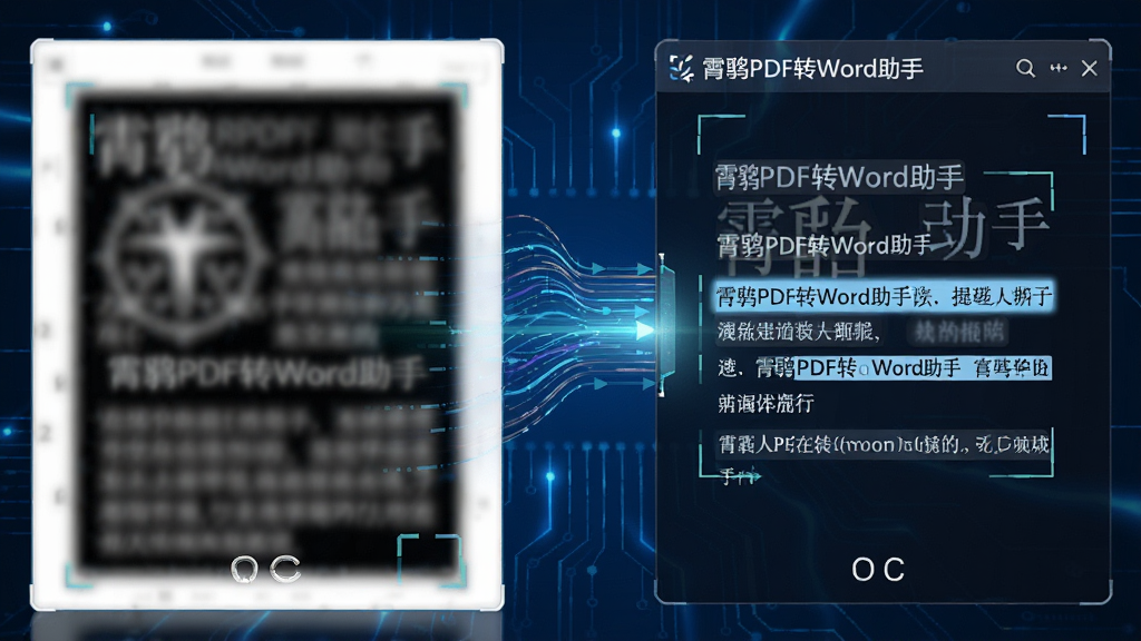特写镜头展示“霄鹞PDF转Word助手”进行OCR识别的过程,左侧为模糊的扫描PDF页面,右侧为识别后高亮显示的清晰文字,中间有数据流动线条,背景为深蓝色科技感光效,画面具有未来感,细节丰富,画质清晰,无多余元素