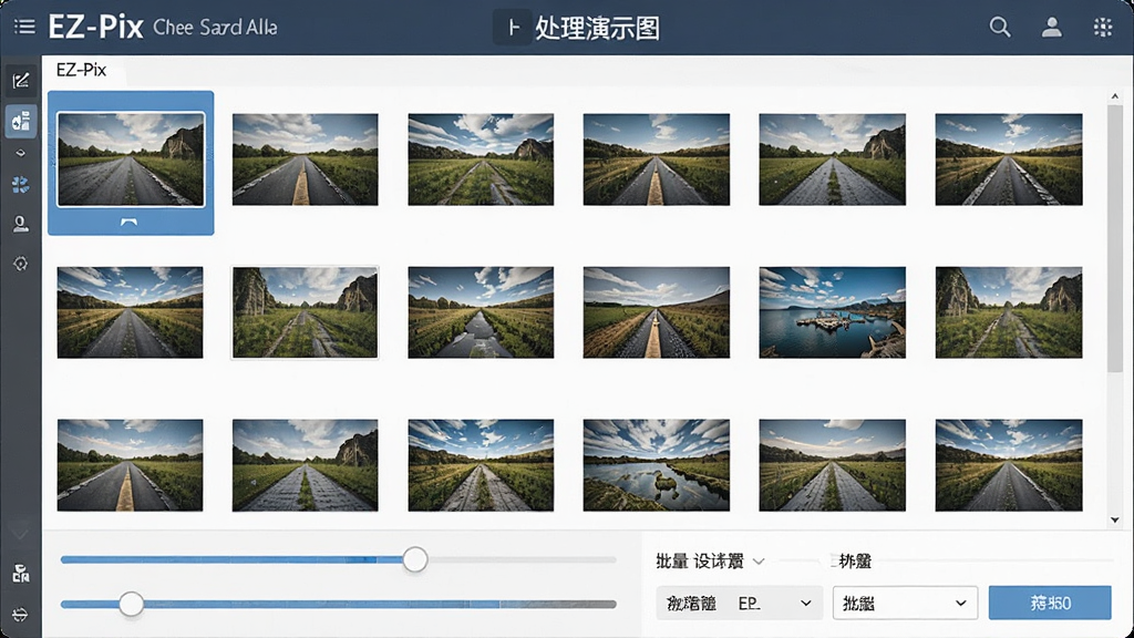 EZ-Pix批量处理功能演示图,界面中显示多张图片缩略图列表,底部有进度条和批量设置选项,风格专业清晰,画质干净