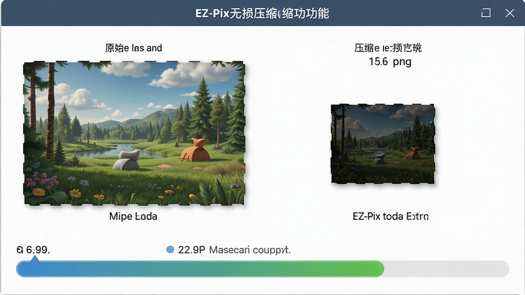 EZ-Pix无损压缩功能界面图,显示一张图片的原始大小和压缩后大小对比,同时展示压缩质量评分条,界面清晰,数据直观,画质干净