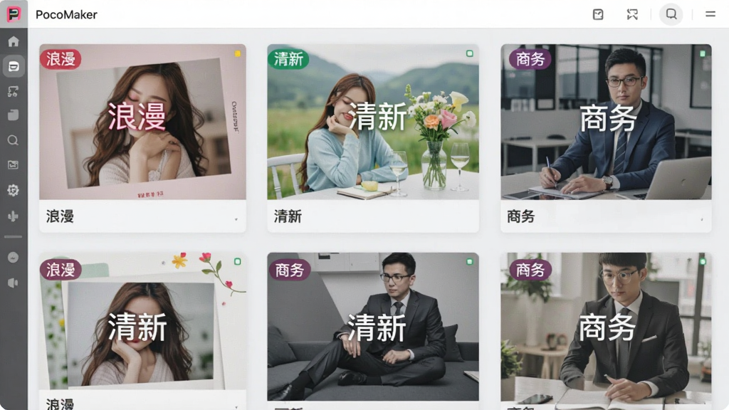 一张PocoMaker软件模板库的界面截图,画面展示多套精美的相册模板缩略图,排列整齐,每张缩略图上标注“浪漫”、“清新”、“商务”等分类标签,背景为浅灰色,界面简洁,色彩鲜艳,画质清晰,干净无多余元素。