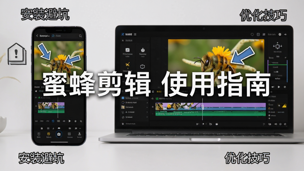 画面主体为手机和电脑并排展示蜜蜂剪辑软件的界面,屏幕上有操作提示箭头。布局为双设备对比,风格为实用教程风,背景浅灰。细节上标注了“安装避坑”和“优化技巧”文字,画质清晰,文字“蜜蜂剪辑 使用指南”位于中央,无多余元素。