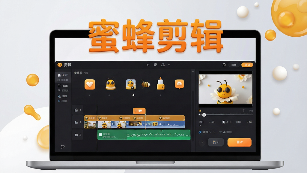 画面主体为一台笔记本电脑,屏幕上显示蜜蜂剪辑软件的主界面,界面中有清晰的视频轨道和预览窗口,整体布局整洁明亮。背景采用浅灰色渐变,搭配蜂蜜色和白色点缀,突出软件的专业与活力。排版采用居中构图,软件名称“蜜蜂剪辑”以醒目的橙色艺术字置于屏幕上方。风格为现代扁平化UI设计,细节上强调图标圆润、按钮立体感强,画质清晰干净,无多余元素。