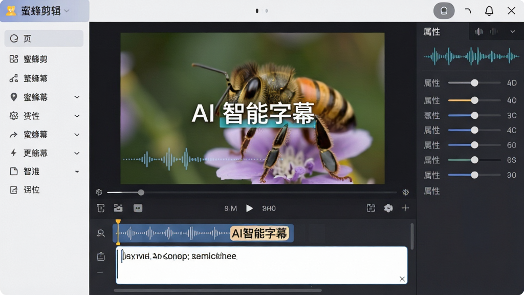 画面主体为蜜蜂剪辑软件的字幕编辑界面,中央显示一段视频预览,底部有字幕轨道和文本输入框。布局清晰,左侧为工具列表,右侧为属性调节面板。风格为现代简约UI,配色淡雅,突出“AI智能字幕”功能。细节上有语音波形与文字高亮对应,画质干净,软件名称“蜜蜂剪辑”出现在左上角,无多余元素。