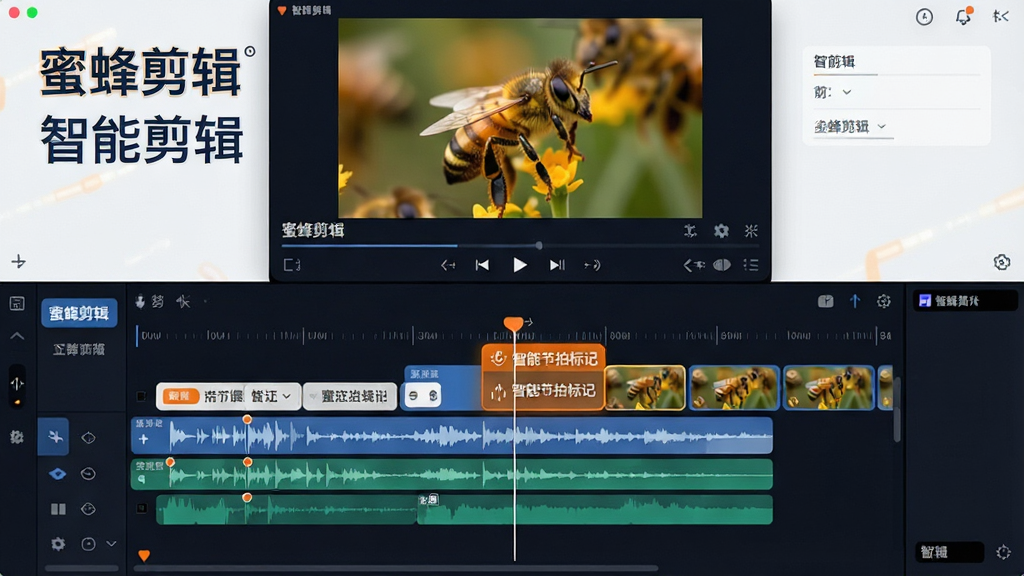 画面以蜜蜂剪辑软件的操作界面为主体,中央显示时间轴和多个视频片段排列,其中一处高亮显示“智能节拍标记”功能。布局采用上下结构,上方为预览窗口,下方为轨道区。风格为简洁的科技感UI,配色以蓝白为主,辅以橙色标签。细节上体现波形图和标记点,画质干净,文字标注“蜜蜂剪辑 智能剪辑”清晰可见,无多余元素。
