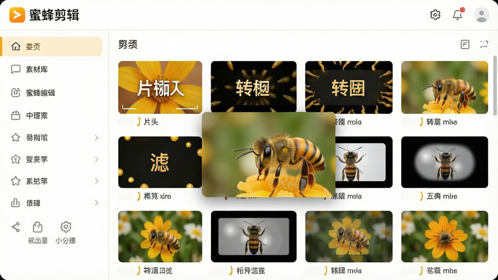 画面主体为蜜蜂剪辑软件的素材库面板,展示网格状排列的多种模板缩略图,包括片头、转场、滤镜等。布局为左侧分类栏,右侧素材展示区。风格为清新简约的UI界面,色彩明亮,蜂蜜色与白色搭配。细节上突出悬浮预览效果,画质清晰,界面顶部显示“蜜蜂剪辑”标志,无多余元素。