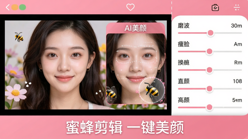 画面主体为蜜蜂剪辑软件的美颜调节界面,左侧显示人像视频预览,右侧有磨皮、瘦脸等参数滑条。布局为左右分栏,风格为清新可爱的UI设计,粉色和白色主题。细节上突出“AI美颜”效果对比,画质细腻,文字“蜜蜂剪辑 一键美颜”置于底部,无多余元素。