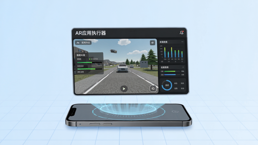 一张现代科技感的三维渲染图片,主体为“AR应用执行器”的虚拟界面悬浮在智能手机上方,界面显示AR场景运行状态与性能监控数据,背景为淡蓝色渐变网格,构图居中,风格简洁明亮,细节丰富,画质高清干净,无多余元素,图片上标注文字“AR应用执行器”