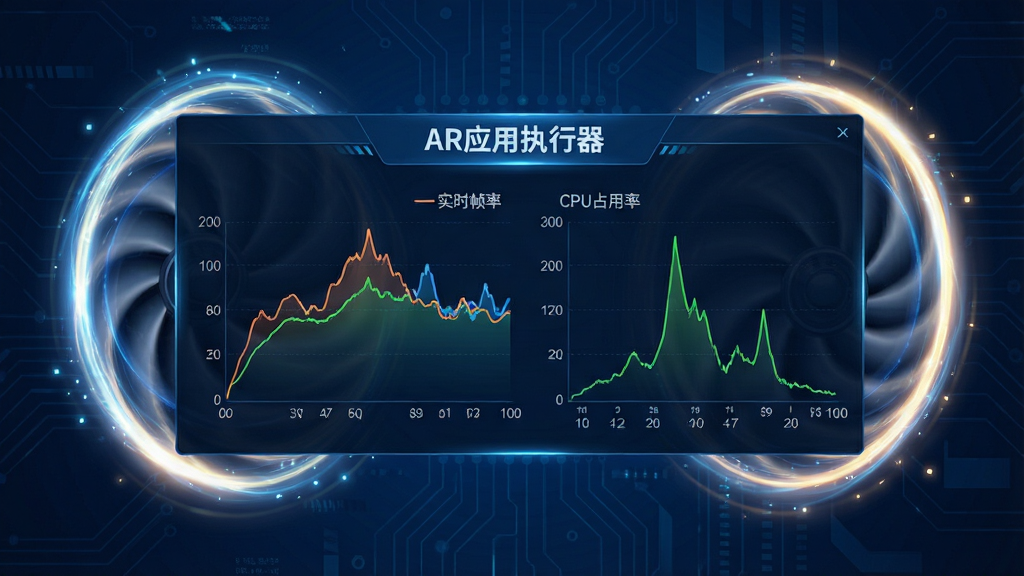 一张动态数据可视化图片,主体为“AR应用执行器”的性能加速界面,中央显示实时帧率曲线与CPU占用率图表,四周环绕涡轮状光效,背景为深蓝科技背景,风格炫酷,细节丰富,画质干净,无多余元素