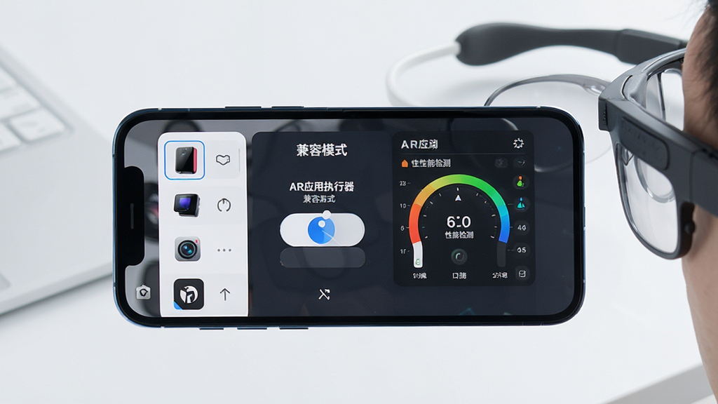 一张智能手机与AR眼镜连接运行AR应用的场景图,手机屏幕上显示“AR应用执行器”的兼容模式切换界面,左侧列出多款机型图标,右侧为性能检测仪表盘,整体风格科技感强,光线明亮,画质细腻,构图平衡,干净无杂物