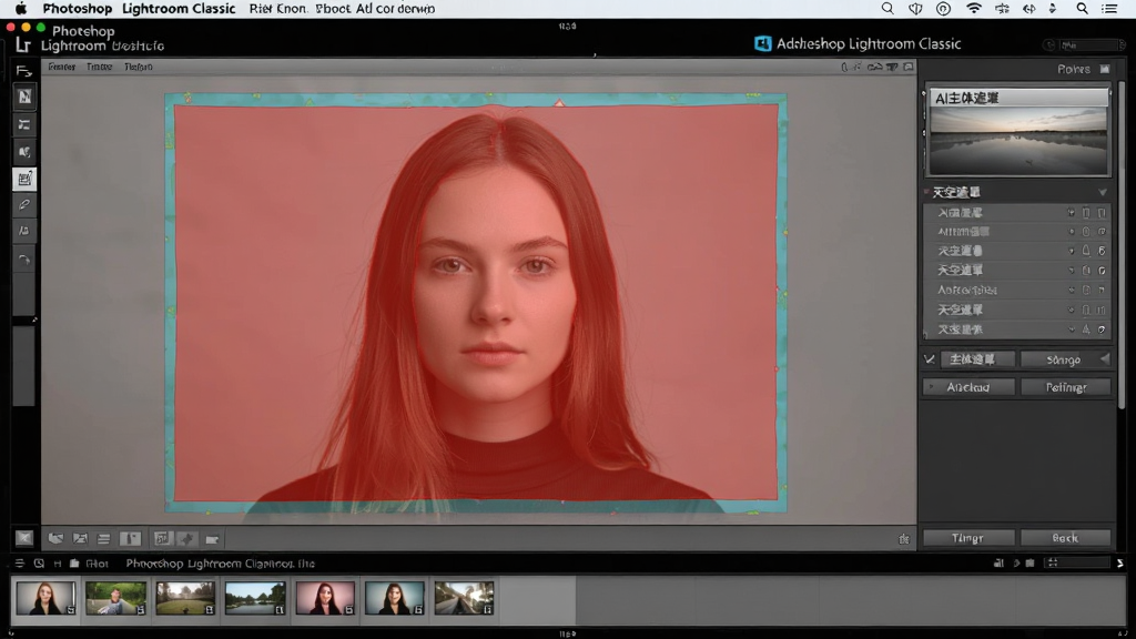 图片主体为Adobe Photoshop Lightroom Classic软件界面,中央显示一张人像照片,人物轮廓被半透明的红色蒙版覆盖,右侧面板中显示“AI主体遮罩”“天空遮罩”等选项。布局为软件全屏截图样式,上下为菜单栏和底片栏,风格为扁平化UI设计,色彩清新明亮,细节展示蒙版边缘精准,画质清晰干净,无多余元素。