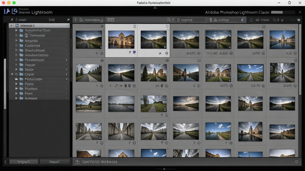 图片主体为Adobe Photoshop Lightroom Classic软件运行时的素材库界面,左侧为文件夹列表,右侧为照片网格视图,底部有导入按钮。布局为桌面电脑全屏截图形式,风格清晰明亮,细节展示照片缩略图与元数据信息,画质干净,无多余元素。