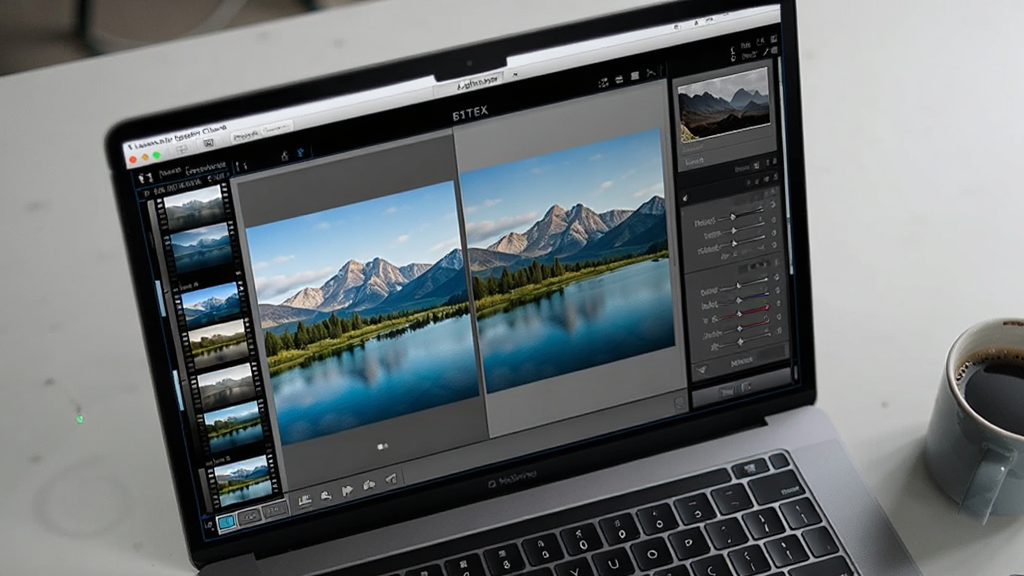 画面主体为Adobe Photoshop Lightroom Classic软件在笔记本电脑上运行的界面特写,屏幕上显示着一幅山水风景照片的编辑前后对比视图,左侧是胶片底片栏,右侧是参数调节面板。布局为俯视45度角,桌面整洁,仅有一台笔记本和一杯咖啡。风格为现代科技感,光线柔和,细节清晰,展现专业修图氛围,画质高清,干净无多余元素。