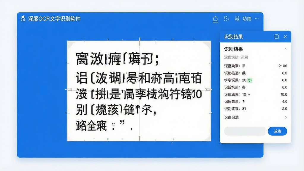 一张现代简约风格的软件功能展示图,主体为“深度OCR文字识别软件”界面截图,中央显示一张带有清晰中文文字的图片,右侧浮动识别结果面板,布局层次分明,整体采用蓝白配色,画质高清,干净无多余元素