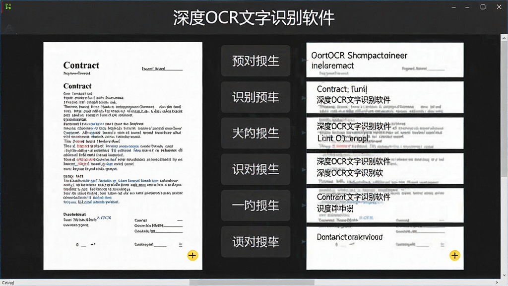 展示“深度OCR文字识别软件”识别过程的预览图,主体为一张混合中英文的合同扫描件与识别结果逐行对照界面,左侧原图,右侧识别文本,布局对称,风格写实清晰,画质细腻,干净无多余元素