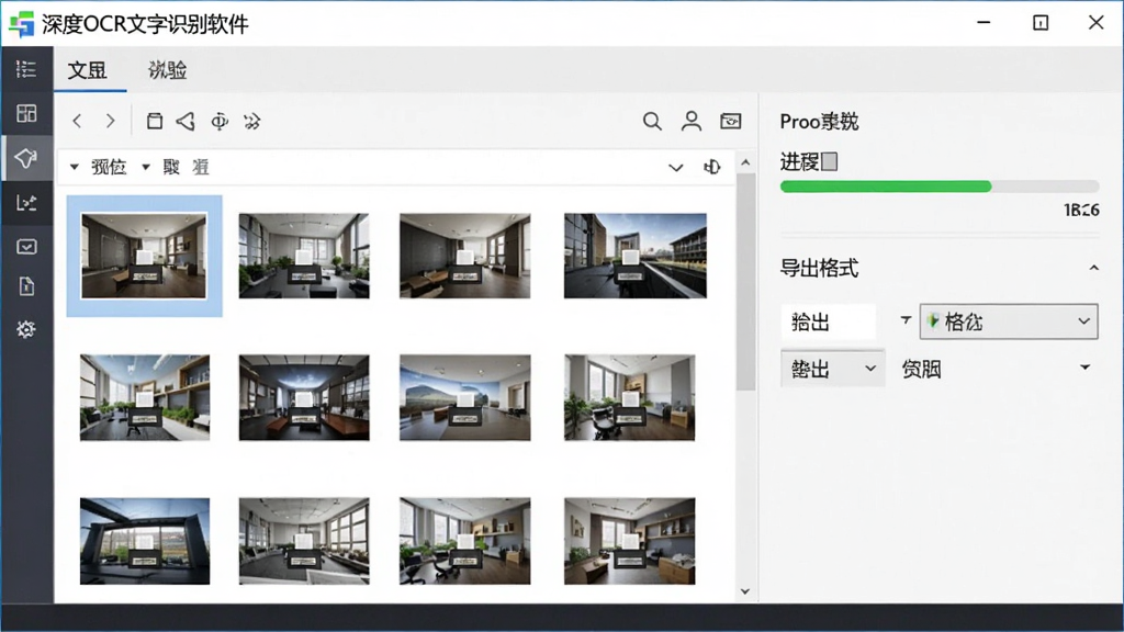 展示“深度OCR文字识别软件”批量处理界面的预览图,主体为软件主界面,左侧文件列表多张图片缩略图,右侧进度条与导出格式选项,布局规整,风格商务简洁,画质清晰,无多余元素