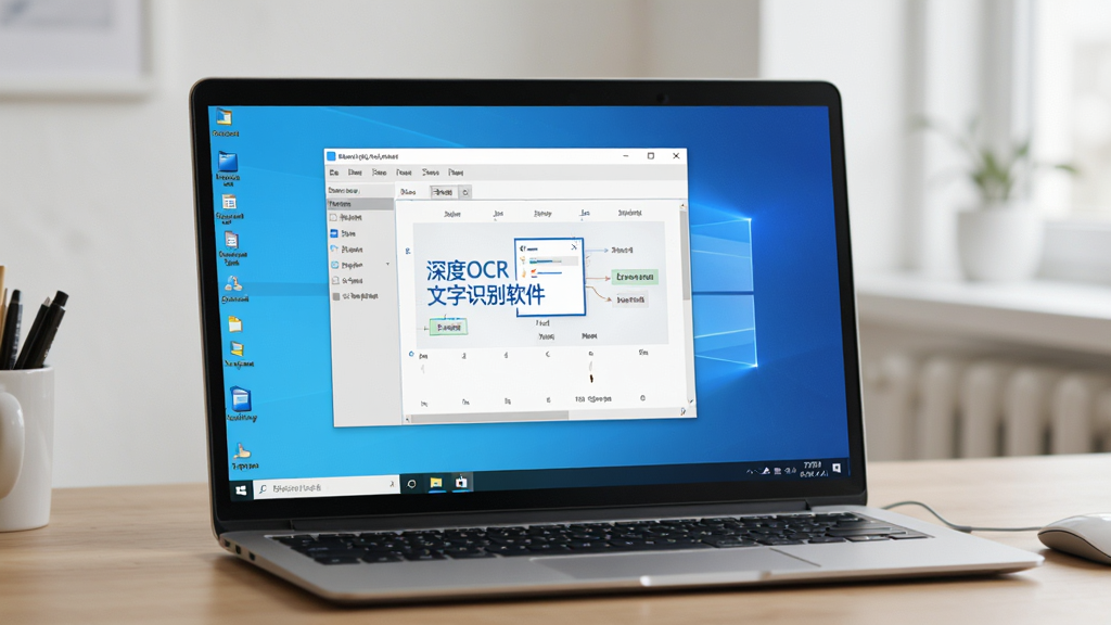 展示“深度OCR文字识别软件”运行在Windows桌面上的实拍图,主体为软件窗口叠加在一台笔记本电脑屏幕上,周围环境简洁,布局自然,风格真实,画质高清,干净无多余元素