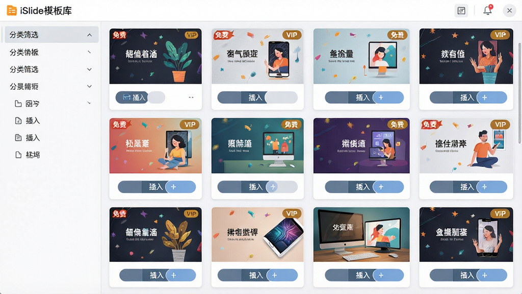 主体:iSlide模板库界面。布局:左侧为分类筛选栏,右侧为模板缩略图网格。排版:网格布局,每个模板卡片显示缩略图和名称。风格:界面清爽,缩略图风格多样。细节:模板卡片上标注“免费”或“VIP”标签,底部有“插入”按钮。画质:高清,干净,无多余元素。
