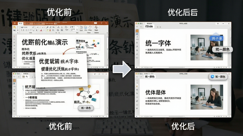 主体:iSlide一键优化功能操作演示。布局:左侧为优化前凌乱的幻灯片,右侧为优化后整齐的幻灯片。排版:对比展示,中间用箭头连接。风格:简洁对比风格。细节:优化前文字大小不一、对齐混乱;优化后字体统一、对齐整齐,并突出显示“统一字体”、“统一颜色”等操作按钮。画质:高清,干净,无多余元素。