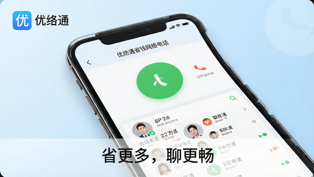一张现代简约风格的软件宣传横幅,主体是智能手机屏幕显示“优络通省钱网络电话”通话界面,界面中有大大的绿色拨号按钮和清晰的联系人列表,背景为淡蓝色渐变,左上角有软件LOGO,下方有“省更多,聊更畅”的广告语,整体布局居中,排版干净清爽,风格明亮写实,细节丰富,画质高清,干净无多余元素
