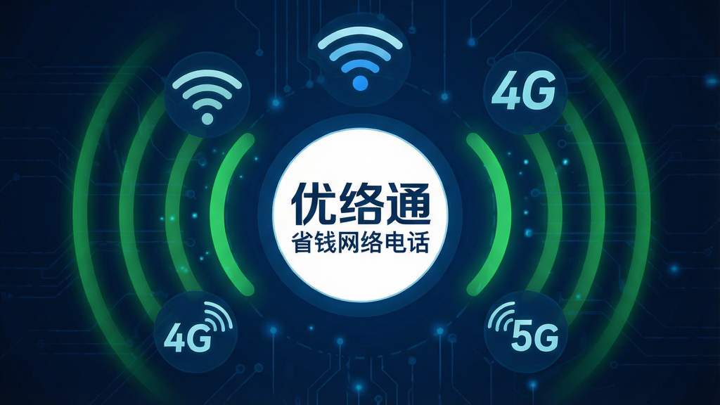 一张网络信号覆盖示意图,中央是“优络通省钱网络电话”LOGO,四周环绕Wi-Fi、4G、5G信号图标和稳定的绿色波纹,背景为深蓝色科技风格,布局中心对称,风格简约科技感,细节清晰,画质高清,干净无多余元素