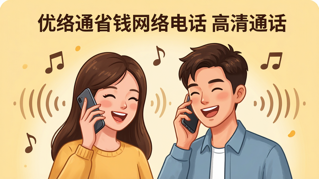 一张高品质通话场景插画,主体是一对年轻男女分别拿着手机开心通话,周围有音符和声波波纹装饰,上方标注“优络通省钱网络电话 高清通话”字样,背景为柔和的暖黄色,人物居中,排版活泼,风格卡通写实结合,细节丰富,画质干净,无多余元素